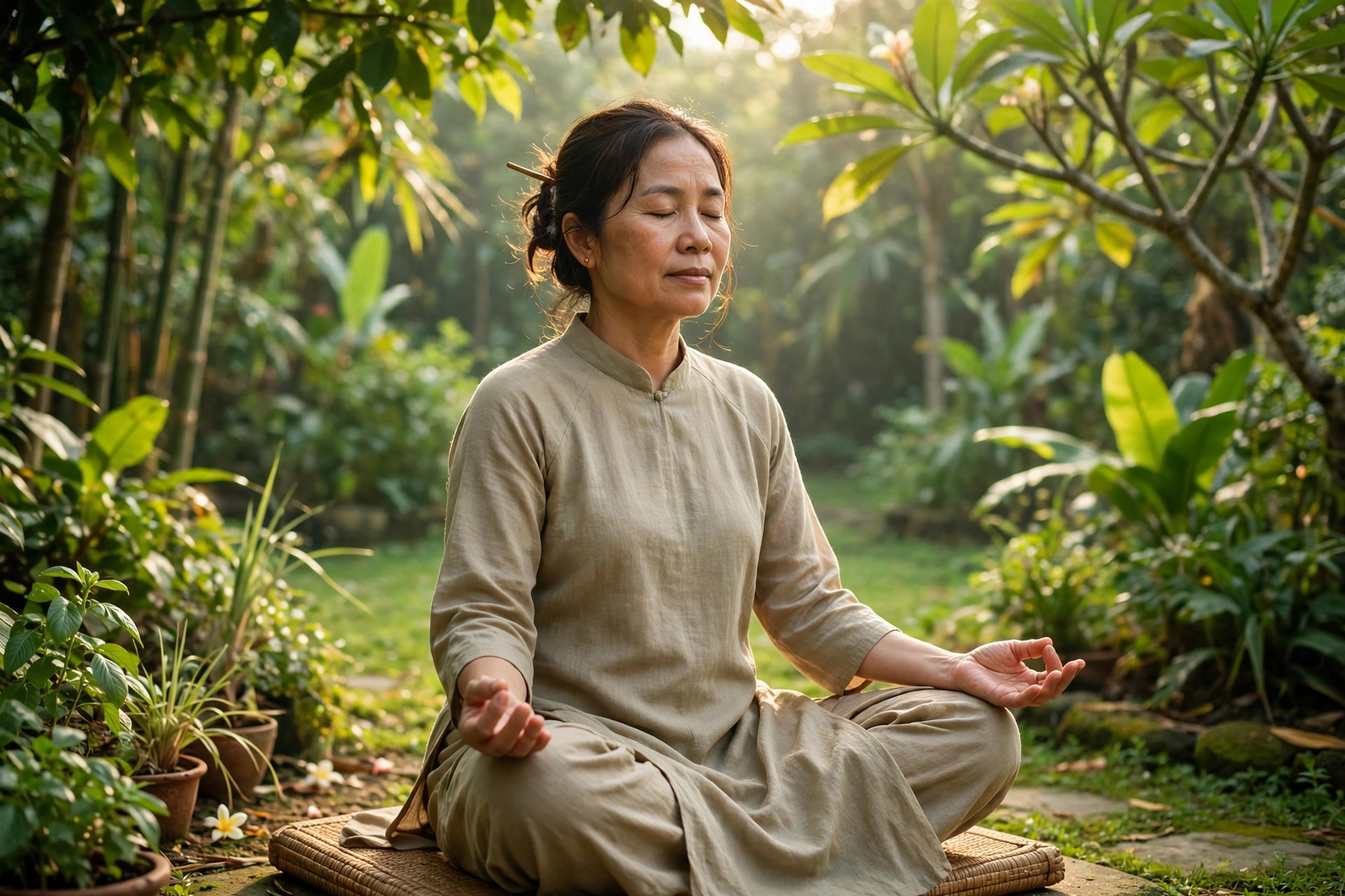Người phụ nữ trung niên thiền định thư giãn trong không gian xanh mát